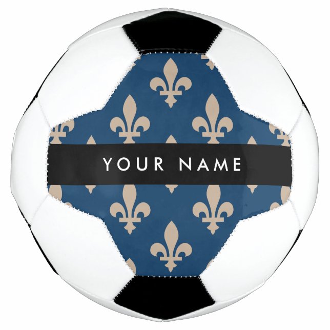 Fleur de Lis, Beige on Navy Blue, Royal, Your Name Soccer Ball (Front)