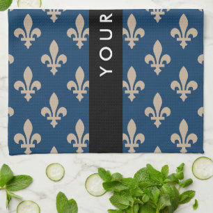 Fleur de Lis, Beige on Navy Blue, Royal, Your Name Tea Towel