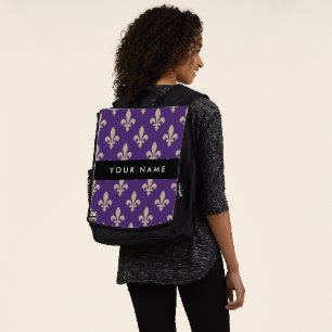 Fleur de Lis, Beige on Purple, Royal, Your Name Backpack