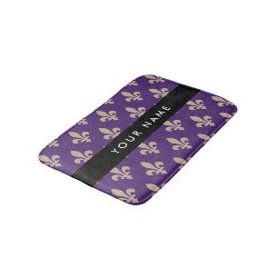 Fleur de Lis, Beige on Purple, Royal, Your Name Bath Mat