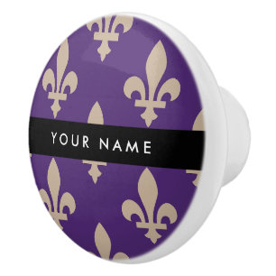Fleur de Lis, Beige on Purple, Royal, Your Name Ceramic Knob