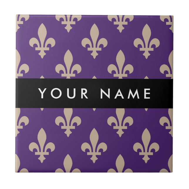 Fleur de Lis, Beige on Purple, Royal, Your Name Ceramic Tile (Front)