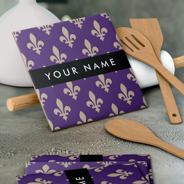 Fleur de Lis, Beige on Purple, Royal, Your Name Ceramic Tile (Creator Uploaded)