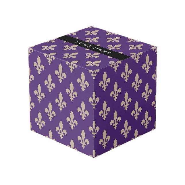Fleur de Lis, Beige on Purple, Royal, Your Name Cube (Front Angled)