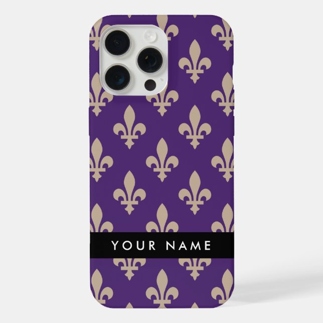 Fleur de Lis, Beige on Purple, Royal, Your Name iPhone Case (Back)