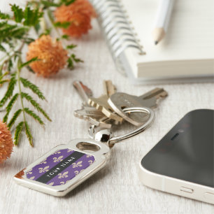 Fleur de Lis, Beige on Purple, Royal, Your Name Key Ring