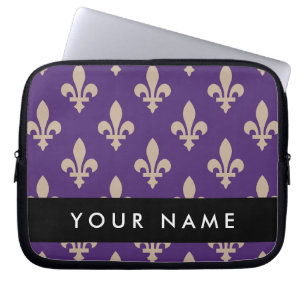 Fleur de Lis, Beige on Purple, Royal, Your Name Laptop Sleeve