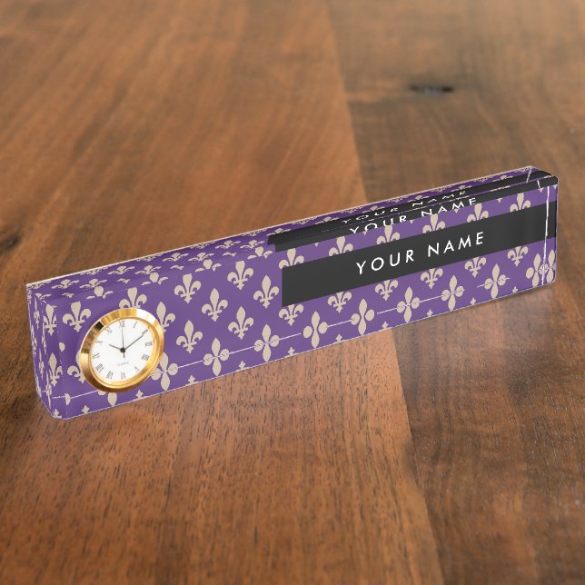 Fleur de Lis, Beige on Purple, Royal, Your Name Nameplate (Side)