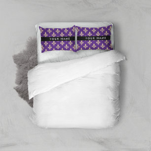 Fleur de Lis, Beige on Purple, Royal, Your Name Pillowcase