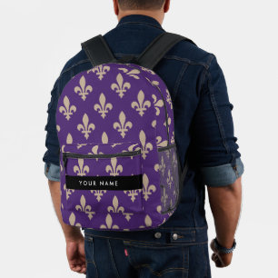 Fleur de Lis, Beige on Purple, Royal, Your Name Printed Backpack