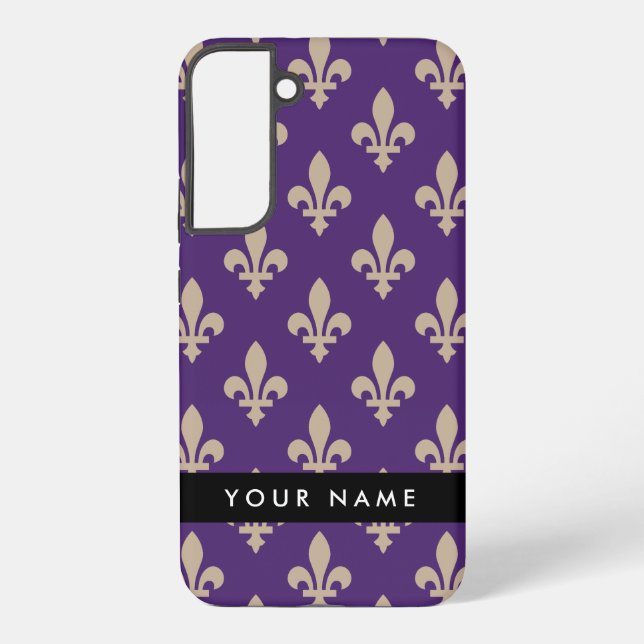 Fleur de Lis, Beige on Purple, Royal, Your Name Samsung Galaxy S22+ Case (Back)