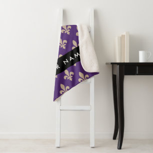 Fleur de Lis, Beige on Purple, Royal, Your Name Sherpa Blanket