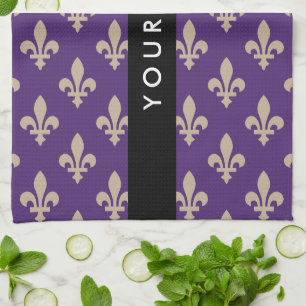 Fleur de Lis, Beige on Purple, Royal, Your Name Tea Towel