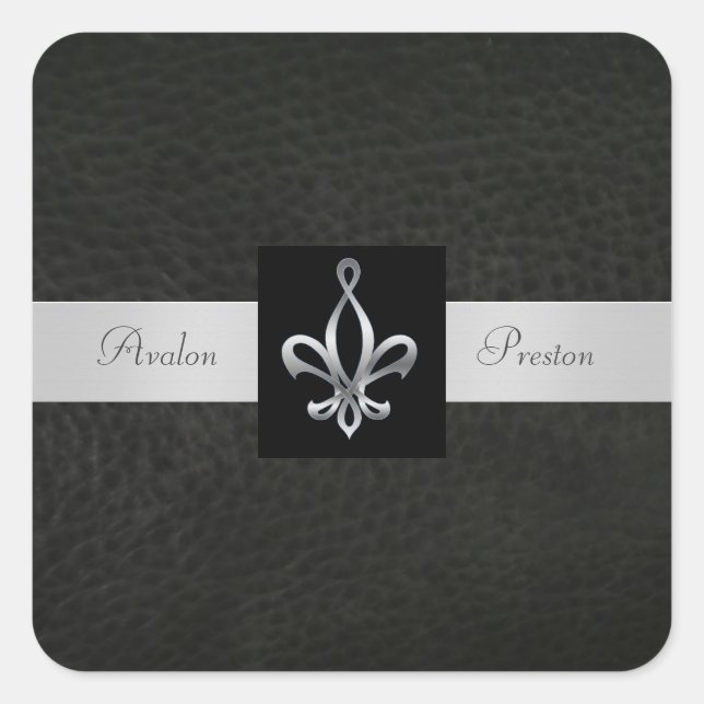 Fleur De Lis Black Leather Square Wedding Sticker (Front)