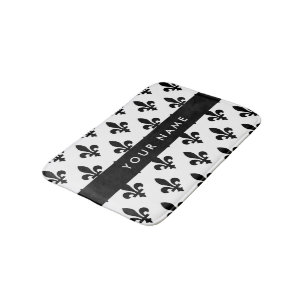 Fleur de Lis, Black on White, Black, Your Name Bath Mat