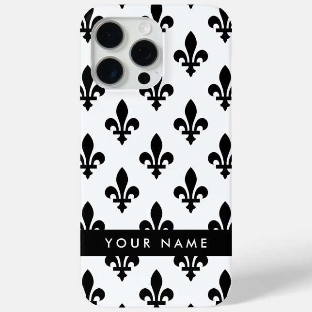Fleur de Lis, Black on White, Black, Your Name Case-Mate iPhone Case (Back)