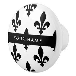 Fleur de Lis, Black on White, Black, Your Name Ceramic Knob