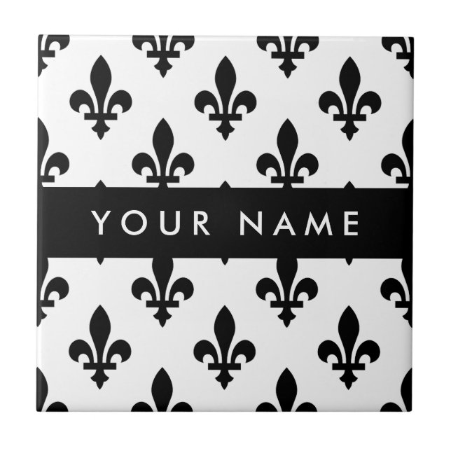Fleur de Lis, Black on White, Black, Your Name Ceramic Tile (Front)