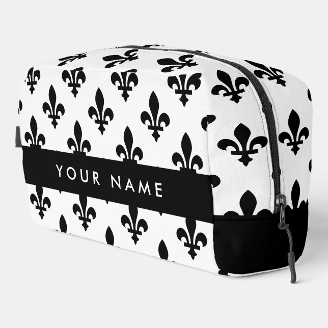 Fleur de Lis, Black on White, Black, Your Name Dopp Kit (Right Corner)