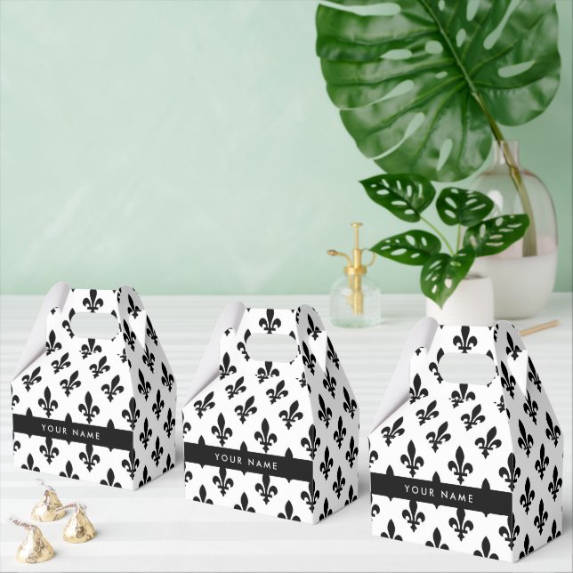 Fleur de Lis, Black on White, Black, Your Name Favour Box (Multiple)