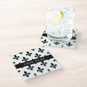 Fleur de Lis, Black on White, Black, Your Name Glass Coaster