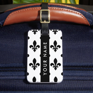 Fleur de Lis, Black on White, Black, Your Name Luggage Tag