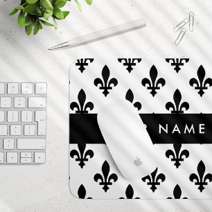 Fleur de Lis, Black on White, Black, Your Name Mouse Pad