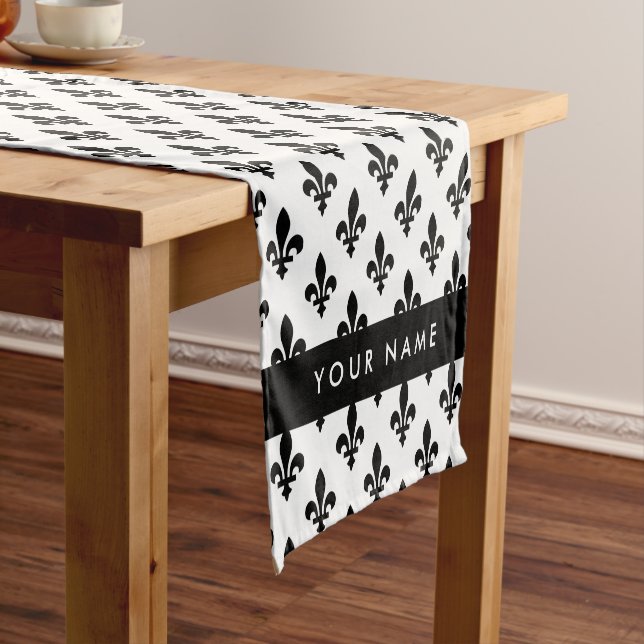 Fleur de Lis, Black on White, Black, Your Name Short Table Runner (In Situ)