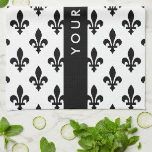 Fleur de Lis, Black on White, Black, Your Name Tea Towel