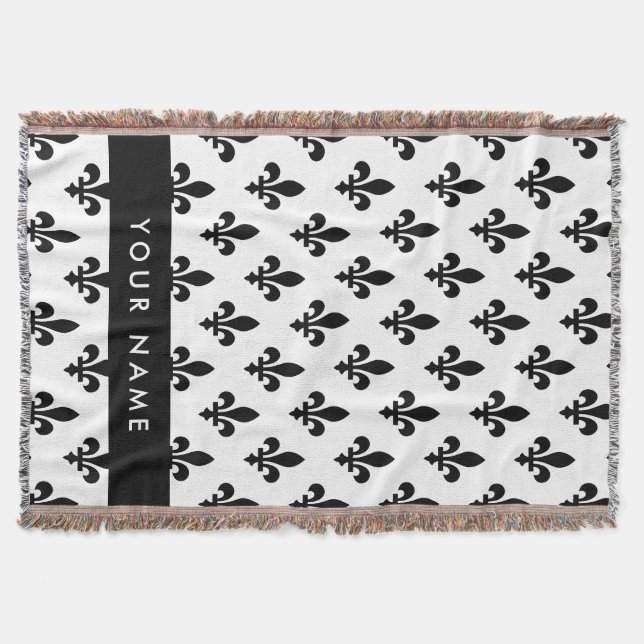 Fleur de Lis, Black on White, Black, Your Name Throw Blanket (Front)