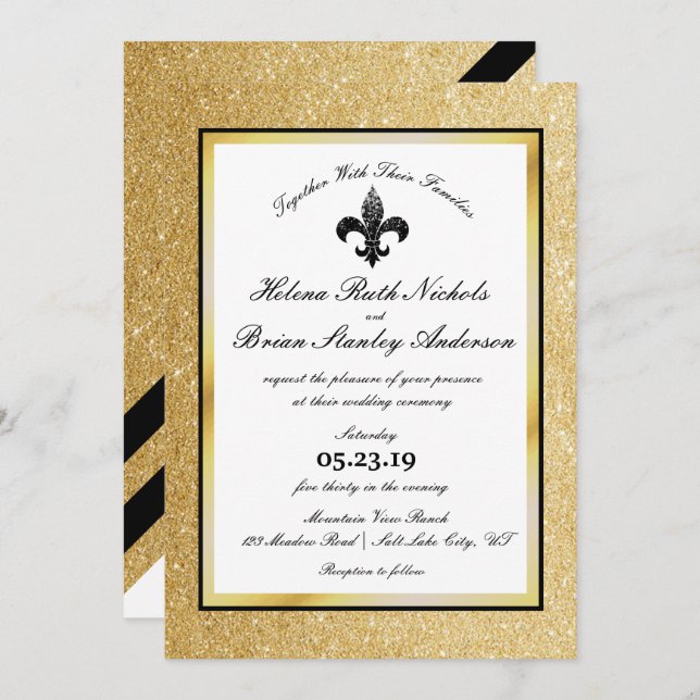 Fleur De Lis Black White Gold Glitter Wedding Invitation (Front/Back)