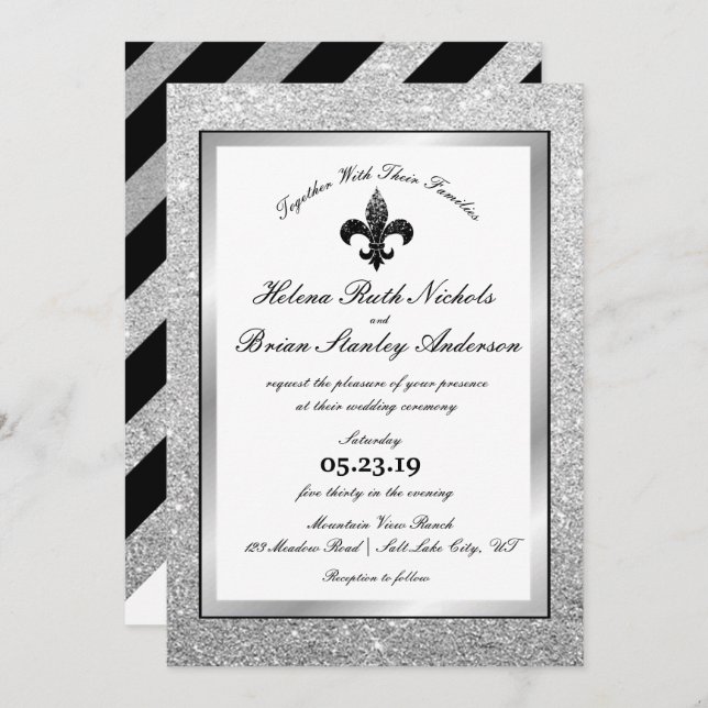 Fleur De Lis Black White Silver Glitter Wedding Invitation (Front/Back)