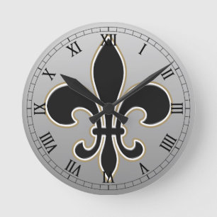 Fleur de Lis Black with White and Gold Round Clock