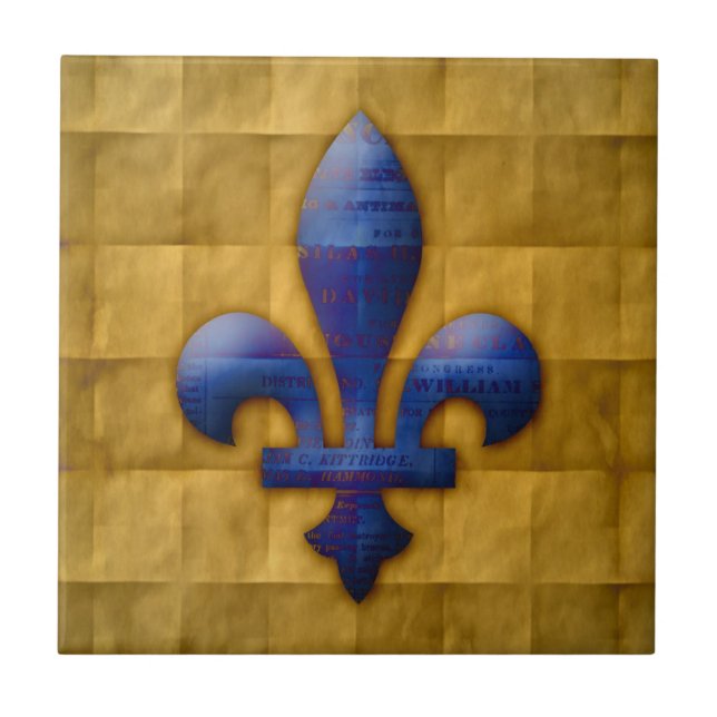 Fleur de Lis Blue and Gold Ceramic Tile (Front)