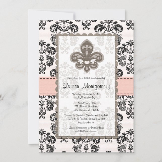 Fleur de Lis Bridal Shower Invitations Pink Black (Front)