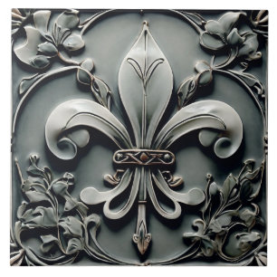 Fleur de Lis Charcoal Grey Dark Grey Faux Relief Ceramic Tile