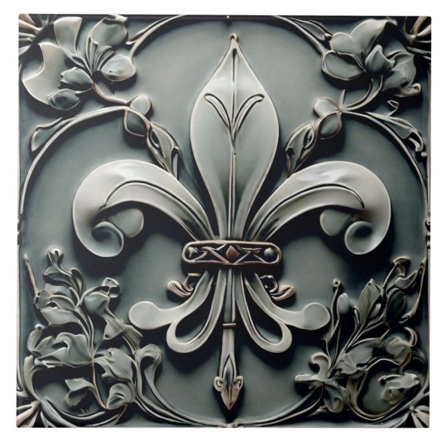 Fleur de Lis Charcoal Grey Dark Grey Faux Relief Ceramic Tile (Front)