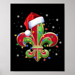 Fleur De Lis Christmas Ornament With Santa Hat Xma Poster