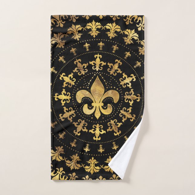 Fleur-de-lis - circular ornament - Gold and black Bath Towel Set (Hand Towel)