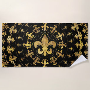 Fleur-de-lis - circular ornament - Gold and black Beach Towel