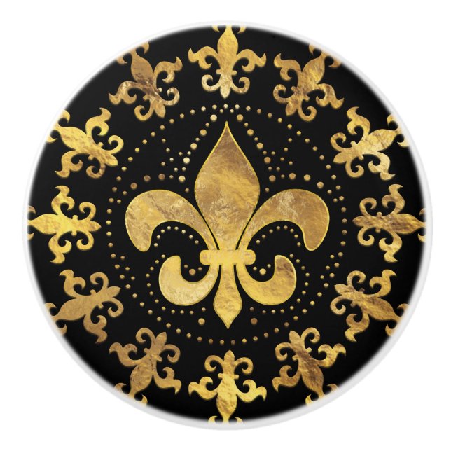 Fleur-de-lis - circular ornament - Gold and black Ceramic Knob (Front)