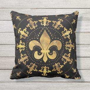Fleur-de-lis - circular ornament - Gold and black Cushion