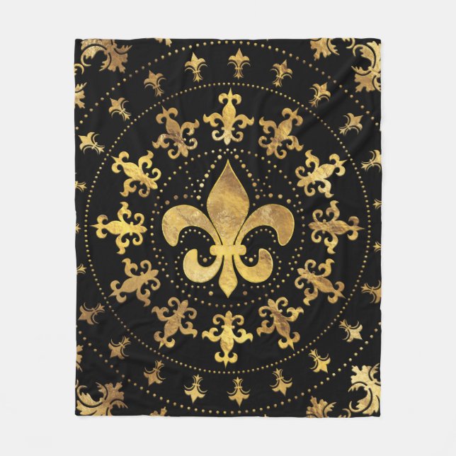 Fleur-de-lis - circular ornament - Gold and black Fleece Blanket (Front)