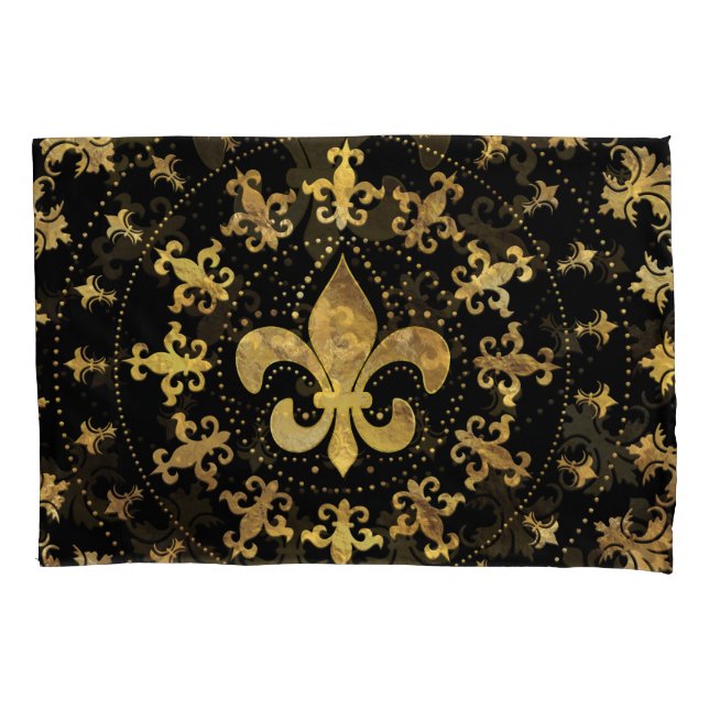 Fleur-de-lis - circular ornament - Gold and black Pillowcase (Front)