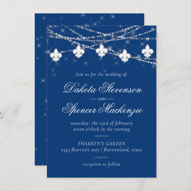Fleur de Lis Classic Blue Lights | Jewel Wedding Invitation (Front/Back)