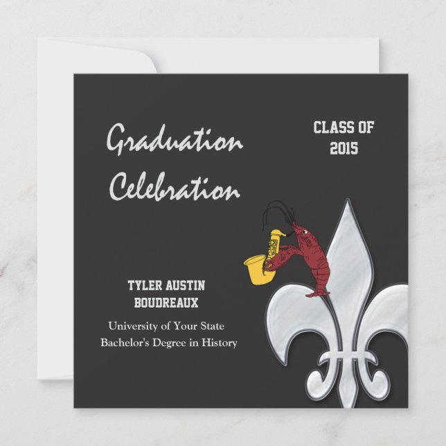 Fleur de Lis Crawfish Graduation (black) Invitation (Front)