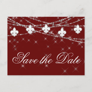 Fleur de Lis Dark Red Lights   Crimson Wedding Announcement Postcard