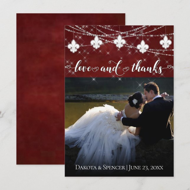 Fleur de Lis Dark Red Lights | Photo Love and Thank You Card (Front/Back)