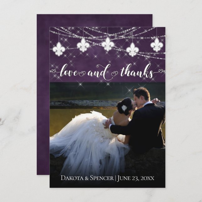 Fleur de Lis Eggplant Lights | Plum Photo Love and Thank You Card (Front/Back)