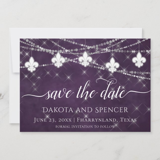 Fleur de Lis Eggplant Purple Lights | Dark Wedding Save The Date (Front)